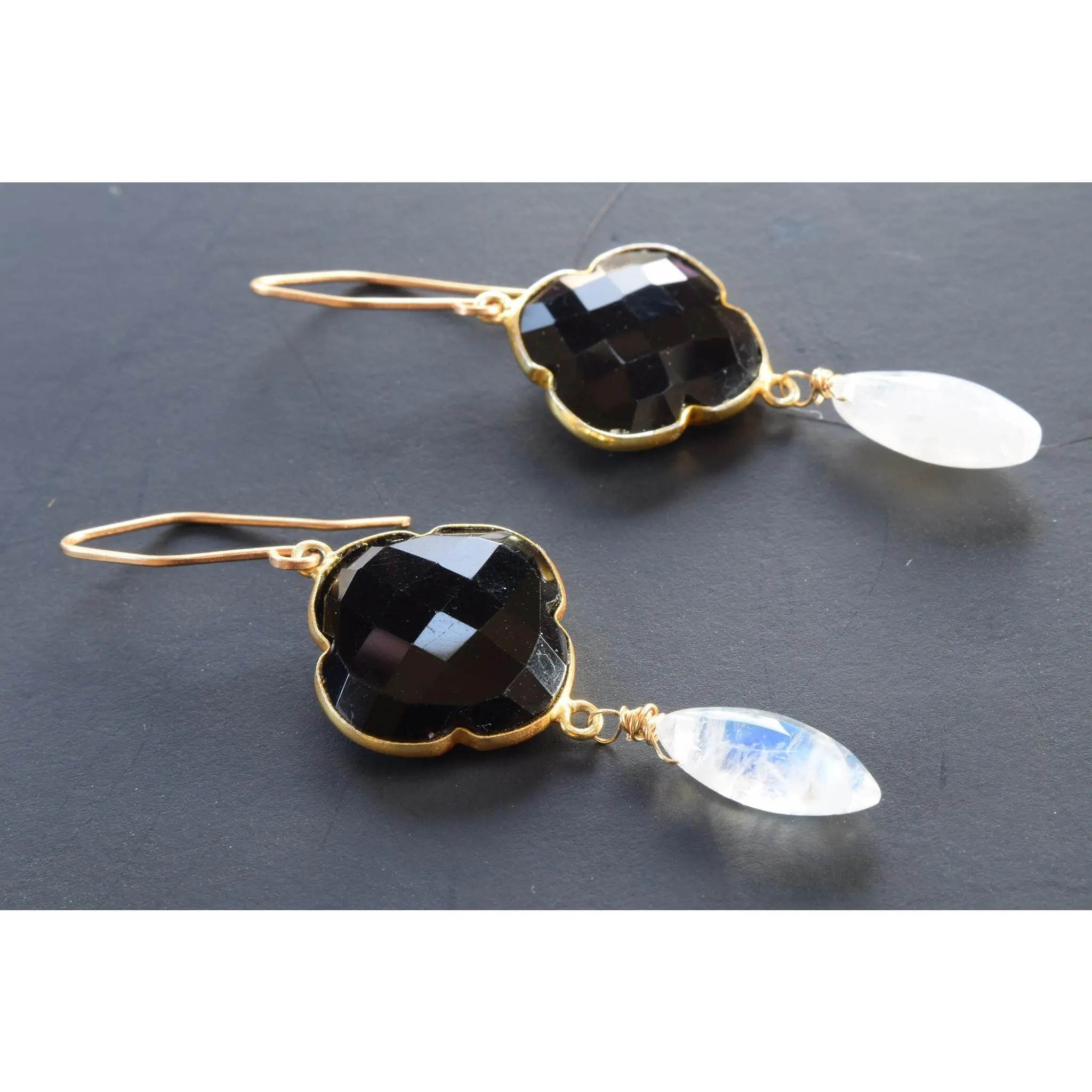 Black Onyx and Rainbow Moonstone Earrings
