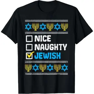 100 Cotton Naughty Jewish Hanukkah Sweater Ugly Hanukkah TShirt Short Sleeve
