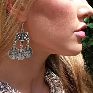Vintage Silvery 3 Coins Pendant Earrings for Women Gypsy Tribal Boho Ethnic Turkish Afghan Pakistan Indian Jhumka Ear Jewelry