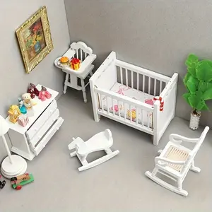 Mini 1:12 Scale Furniture Set - White Wooden Bed, Rocking Horse, Chair and Cabinet - Perfect for Dollhouse Lovers, Home Decor, Ideal Holiday Gift