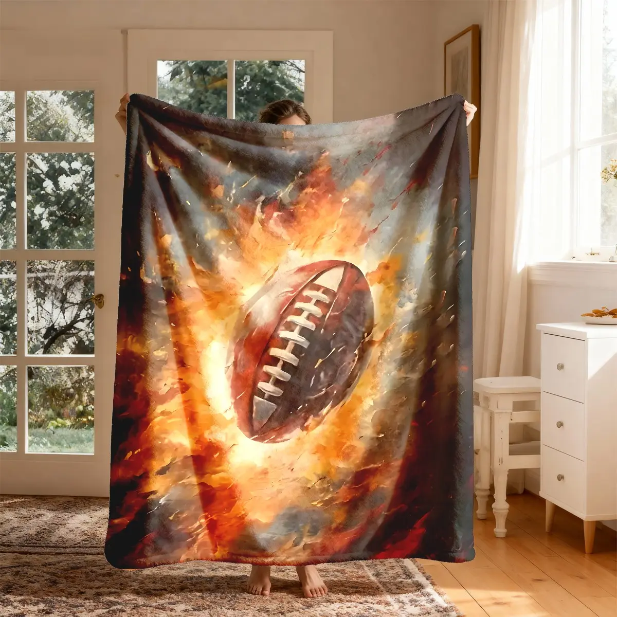 Flame Football Theme Flannel Blanket Large Size Soft Lightweight All Seasons Bed Sofa Office Camping Travel Warm Cozy Plush Throw Blanket for Fans