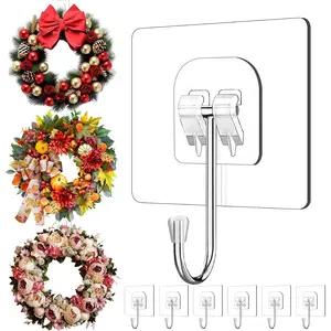 6 Pack Large Wreath Hangers for Front Door, Heavy Duty Over The Door Hooks, Adhesive Wall Hooks for Easter Christmas Halloween Garland Home Decor Inside Outside