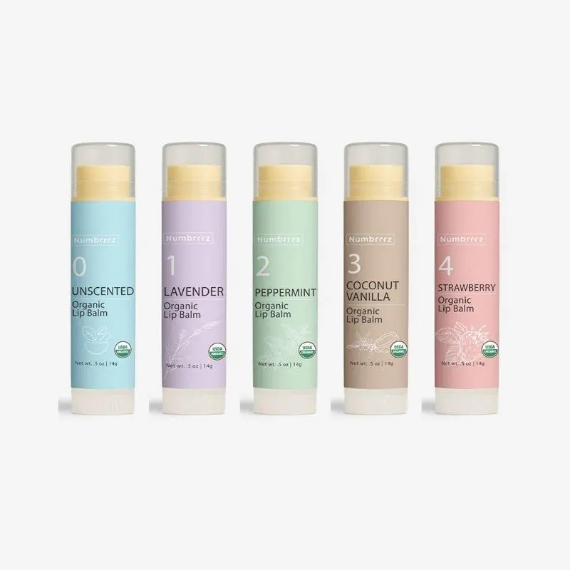Numbrrrz Organic Lip Balm Variety 5-Pack - USDA Organic Certified - .5 oz | 14G Each - Unscented, Lavender, Peppermint, Coconut Vanilla & Strawberry Flavors - Long-Lasting Moisture & Protection