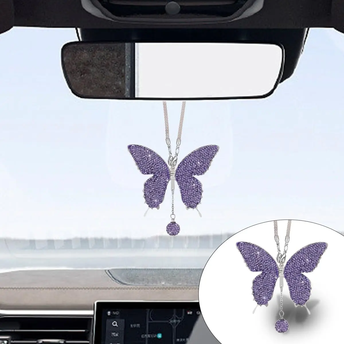 Bling Butterfly   Hanging Accessories,  Butterfly Rear View Mirror Luck  Decoration Accessories for Women, Valentine's Day Presents Ornament Pendant for All  (Purple)