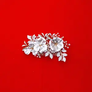 Rose Gold Flower Bride Hair Comb, Flower Petal Hair Piece, Leaf Wedding Hair Accessory, Ivory Fresh Pearl Hair Comb, Crystal Bead Hair Comb