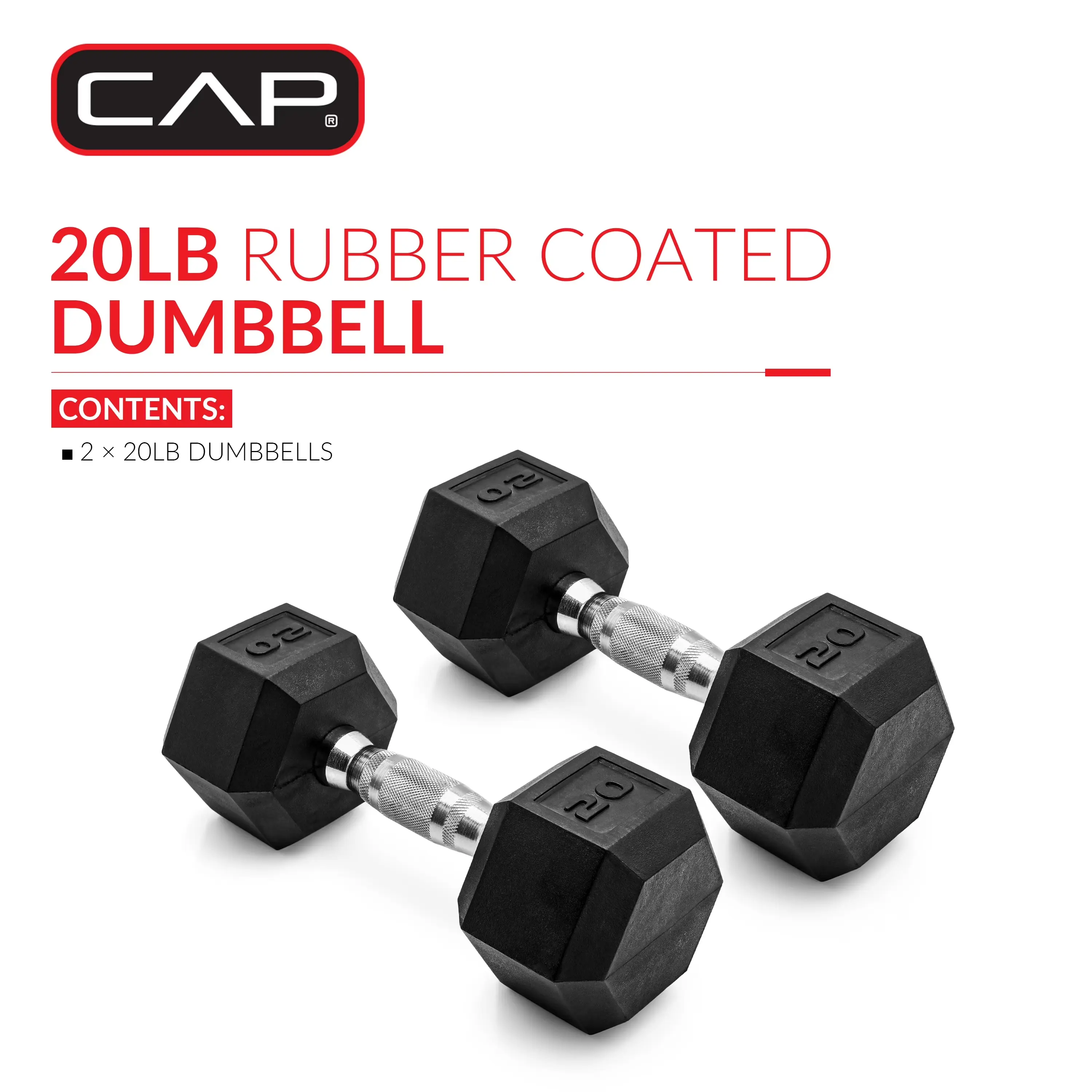Barbell, 20lb Coated Rubber Hex Dumbbell, Pair (No-Roll Design, Ergonomic Steel Handle, Durable Coated Weight)