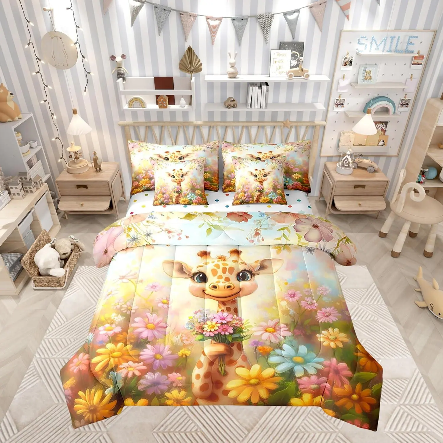 Kids' 7-Piece Giraffe Cartoon Microfiber Bedding Set - Soft Breathable Bedding, Fade-Resistant Bed-in-a-Bag with Sheets, All-Seasons Lightweight Soft Fluffy Floral Blanket, Dreamy Daisy Design (Multi-Size), Floral Bedding, All Season Bedding