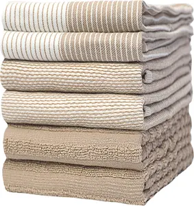 Premium Kitchen Towels (20”x 28”, 6 Pack) | Large Cotton Dish Towels | Flat & Terry Highly Absorbent Kitchen Linen Set with Hanging Loop | Tan