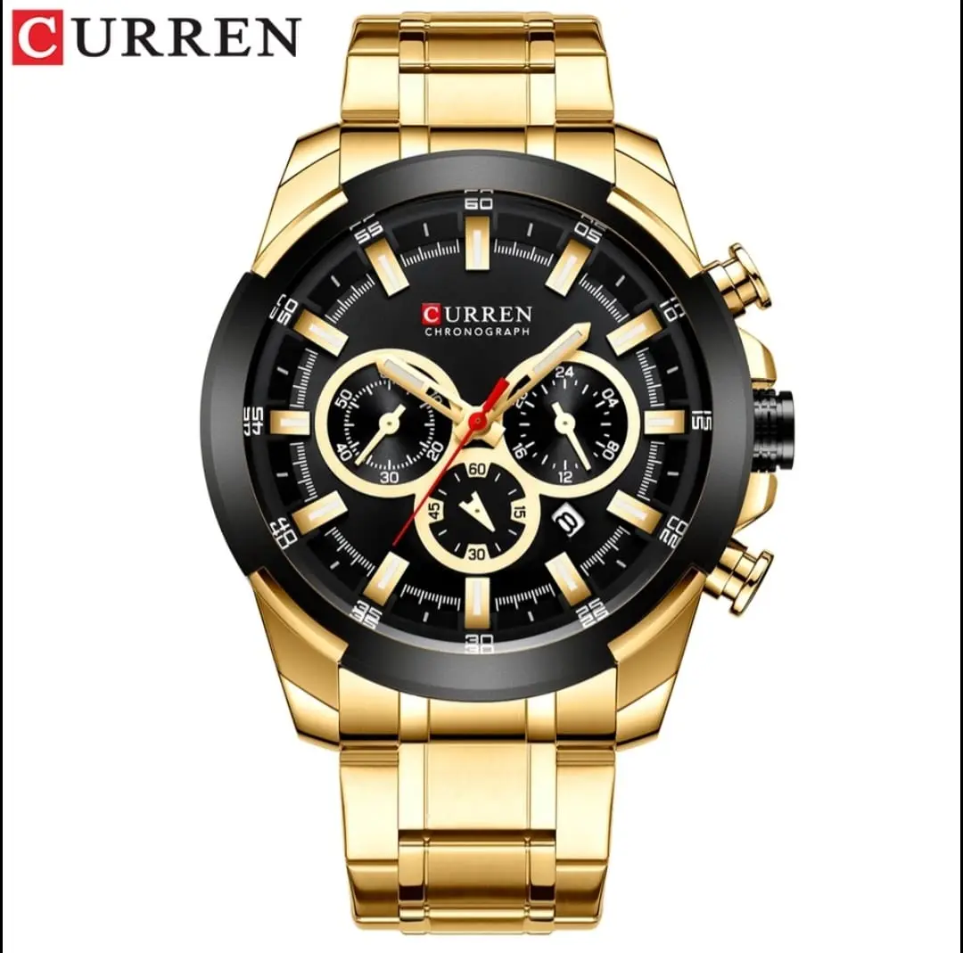 CURREN Men's Gold Stainless Steel Chronograph Watch CR03-02 48mm Round Dial 30m Water Resistant Quartz Movement Complete Calendar