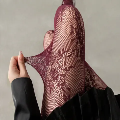 Women's Floral High Elasticity Fishnet Stockings, Wine Colors, Perfect for Spring & Fall Daily Wear, Comfortable Large Size Design
