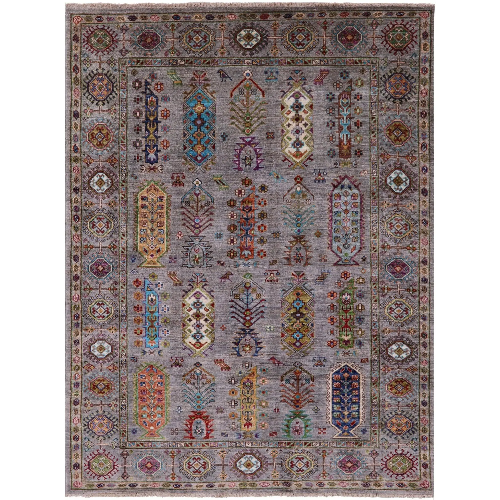 Grey Turkmen Ersari Handmade Wool Rug - 5' 1" X 6' 8"