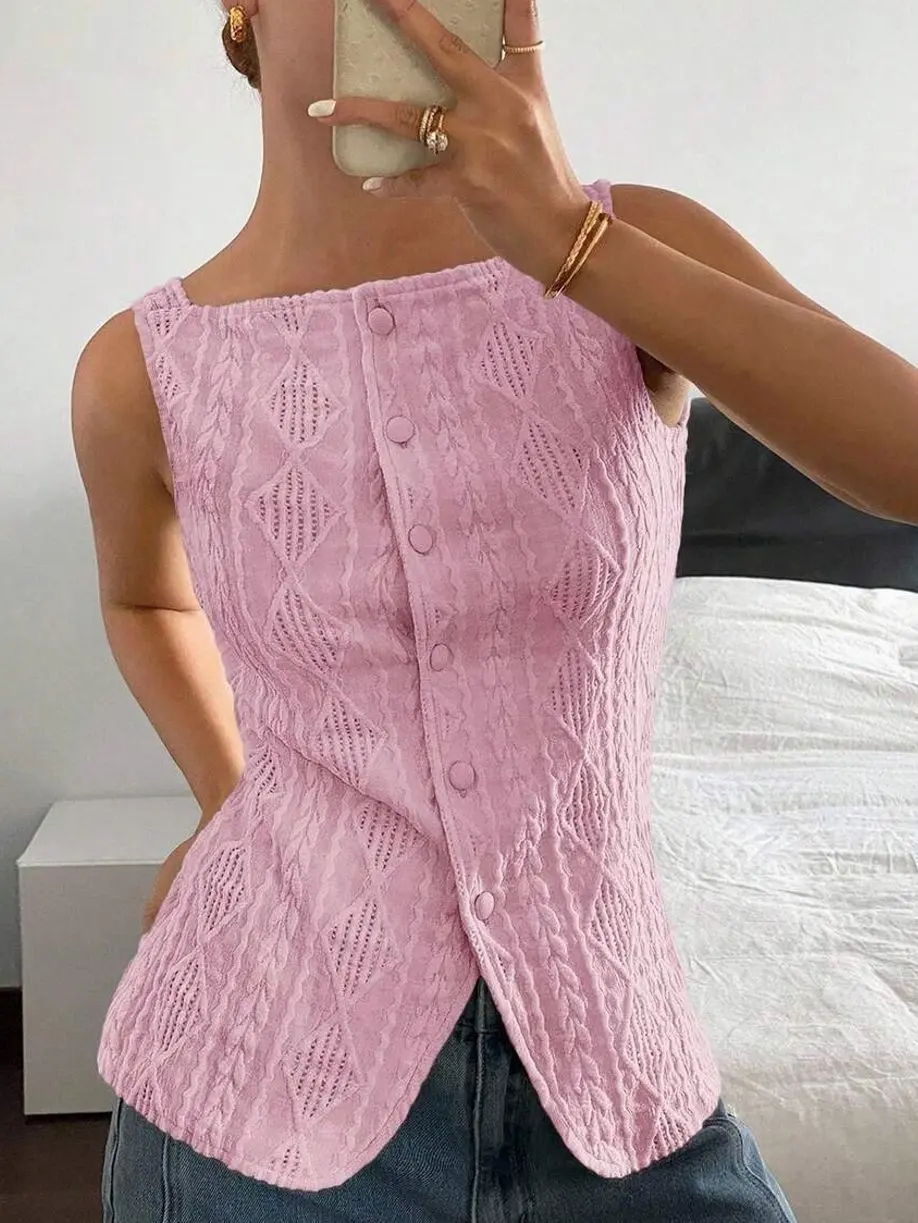 Women's Textured Sleeveless Blouse, Slim Fit Single Breasted Vest Top, Elegant Old Money Summer Shirt for Office, Brunch, Commuting & Casual Wear