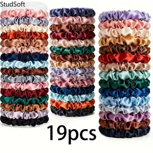 19-piece set of satin solid color thin hair ties, high-elasticity and soft hair ties, fluffy and lightweight hair ties, women's hair accessories