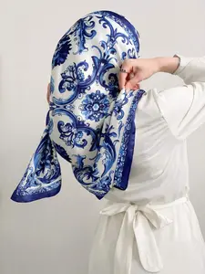 Women's Elegant Blue Porcelain Flower Print Scarf, Multifunctional Shawl/wrap/hair Accessory, Perfect for Vacation, Fashion Hair Scarves, 90x90 Cm