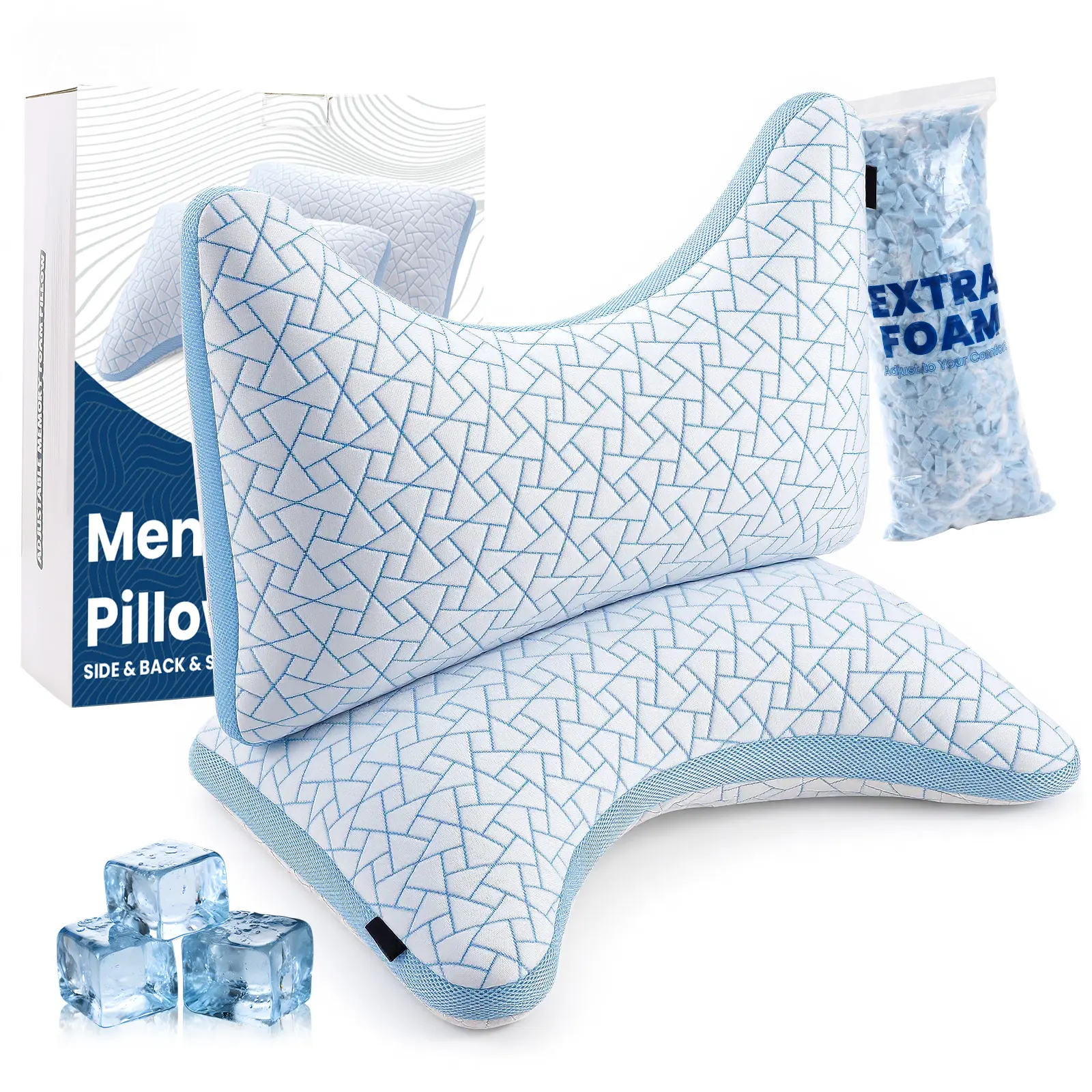 Benazcap 2pcs Hotel Collection Contoured Cervical Care Memory Foam Pillows - 51x76cm, Adjustable Heights (5.5 inches Option), 1-Piece Cooling Design, Removable Washable Soft Cover, All Sleep Positions Support