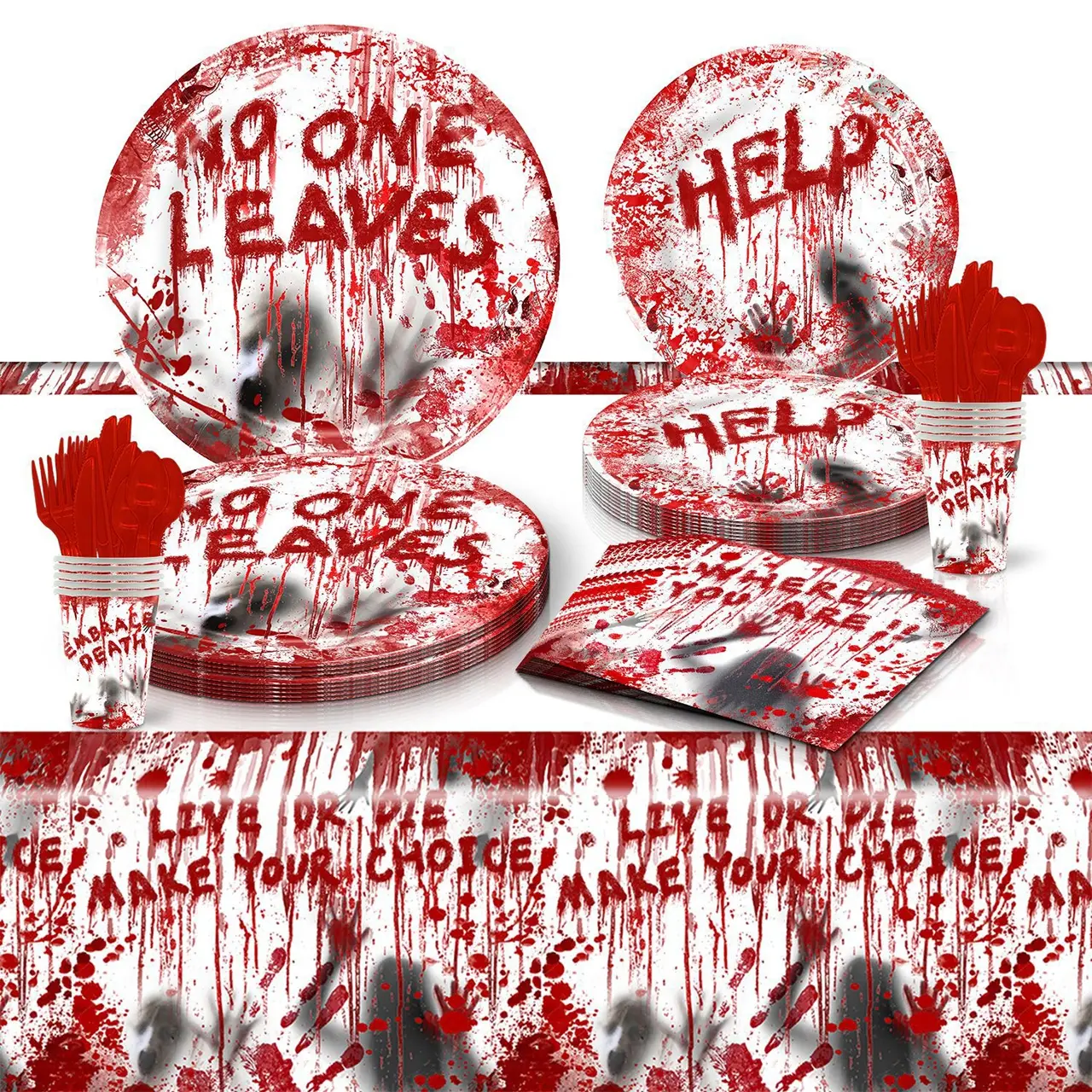 Halloween Party Supplies Set, Bloody Handprint Disposable Cutlery, Includes Plates Napkins Cups Tablecloth, Perfect for Horror Theme Events