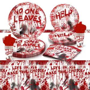 Halloween Party Supplies Set, Blood Handprint Disposable Cutlery, Plates Napkins Cups Tablecloth, Perfect for Horror Theme Celebrations