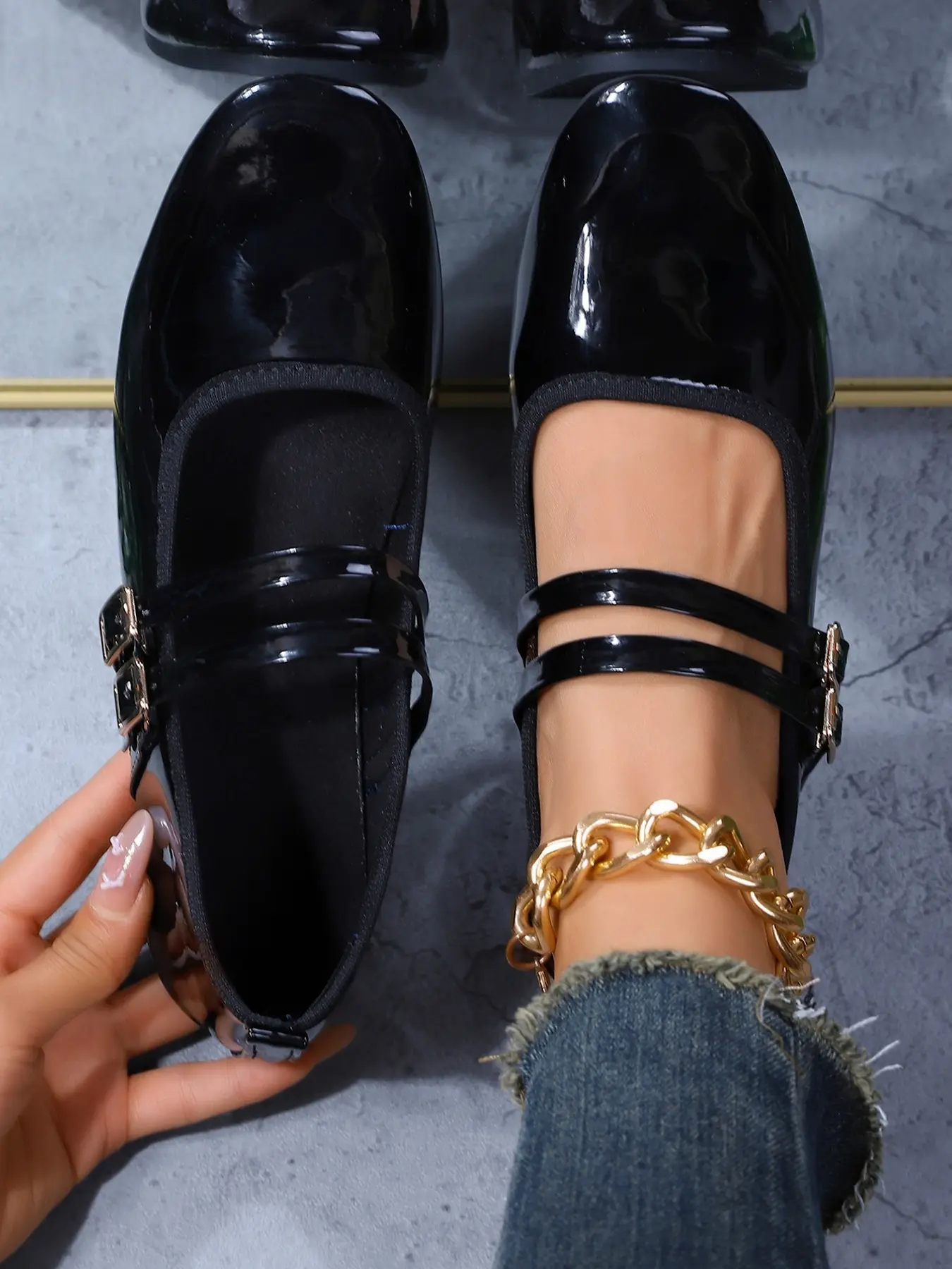 Women's PU Leather Ballet Flat Shoes Ballerina Flats Shoes, Easy Slip-On Double Buckle Mary Janes Mary Jane Flats, Comfortable Versatile Wedding & Dress Shoes Walking Shoes Footwear