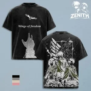Attack On Titan Wings Of Freedom Vintage Washed Oversized Graphic Tee, AOT Anime Streetwear T Shirt, Heavyweight Y2K Clothing GPC