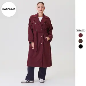 KatchMe Women's Versatile Solid Color Notch Lapel Double Breasted Waist Tie Thermal Coat, Elegant Fall & Winter Outerwear, Lady Comfort Outfit