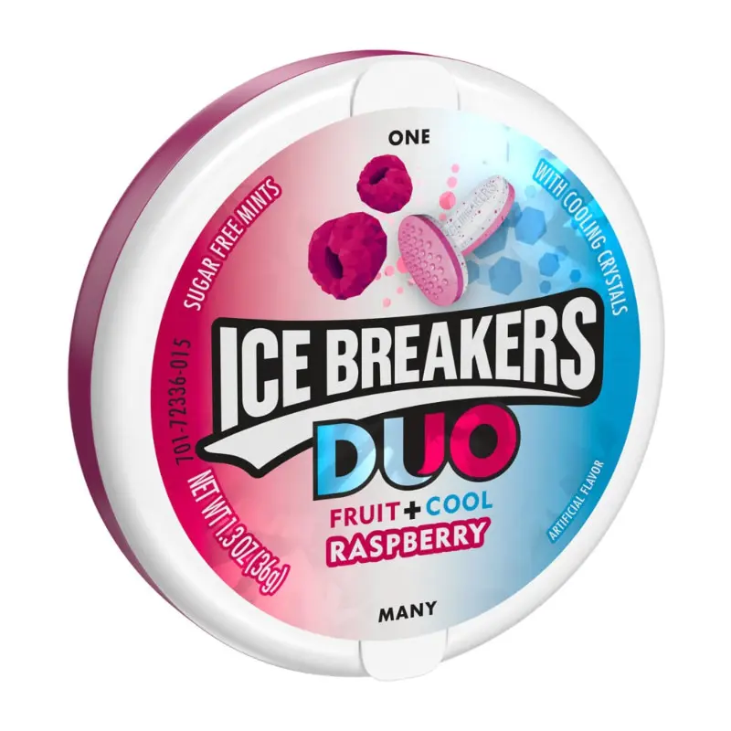 Ice Breakers 8-Count Tin Duo, Fruit + Cool Raspberry Fat-Free Pocket-Sized Breath Mints, Sweet Treat for All Ages & Anyone Needing a Breath Freshener, 1.3oz Snack