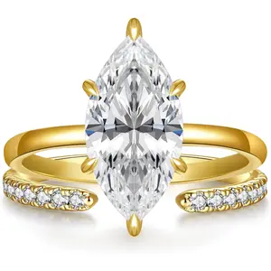 3.5CT Marquise Cut Engagement Ring Set for Women, Wedding Promise Cubic Zirconia Band, 14K Gold/White Gold Plated Stackable Adjustable Bridal Half Eternity Open Rings, Size 5-9