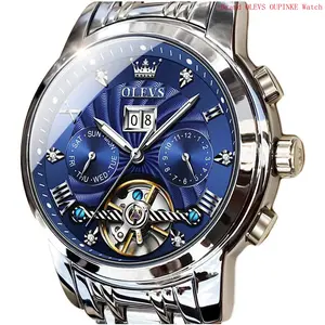 Brand OLEVS Watch for Men Automatic Skeleton Tourbillon Mechanical Self Winding Business Luxury Dual Calendar Stainless Steel Luminous Waterproof Man Wrist Watches Blue Dial