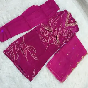Hot Pink Indian Suit - Casual Women's Wear with Floral and Beaded Details, Ideal for Festivals and Special Occasions - Womenswear Comfort