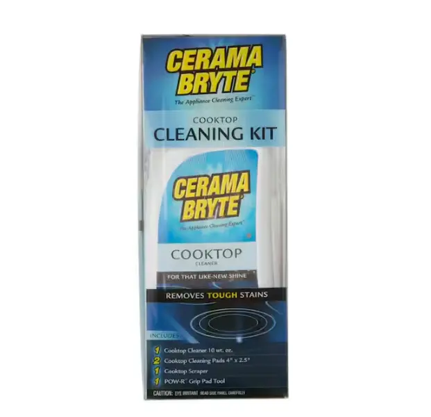 Cerama Bryte Cooktop Cleaning Kit,glass cooktop cleaner,ceramic cooktop cleaner,induction cooktop cleaner,burnt-on stain remover,grease residue remover,2 cleaning pads,scraper tool,POW-R grip pad tool,restores shine,smooth-top safe,easy kitchen cleanup su