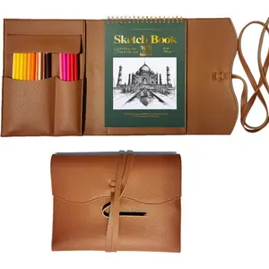 Leather Sketch Book Cover, Leather Sketchbook Holder for 5.5"x 8.5", Travel Sketch Board Pad Pencil Holder, Drawing SketchBook Cover Pencil Case, Painter Artist Sketch Pad Holder (Small)