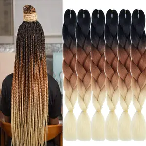 6 Packs Ombre Jumbo Braiding Hair Extensions 24 Inch High Temperature Synthetic Fiber Hair Extensions for Box Braids Braiding Hair (Black to Brown to Beige)