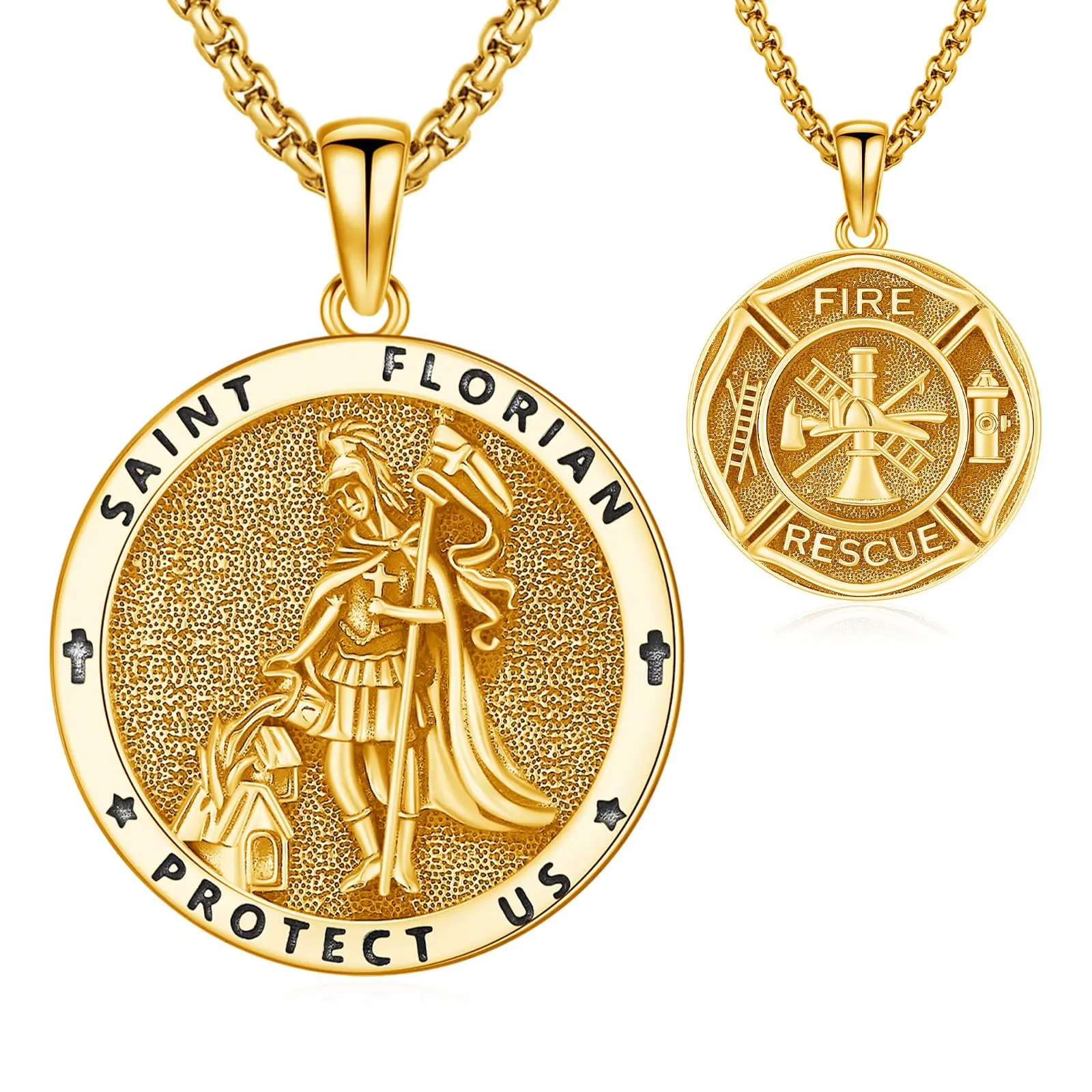 DRINSPER 925 Sterling Silver Saint Florian Pendant Necklace for Firefighters, Retro Reversible Fire Rescue Medallion with Inscription, Hypoallergenic 22"+2" Box Chain for Adults