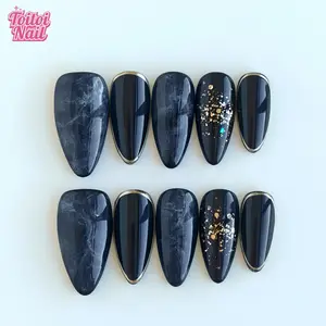 Marble Gold Handmade Press-On Nails | Medium Almond Shape, 10pcs | Edgy Luxury Marble Gold Design | Black Base & Grey Marble & Gold Edge & Gold Foil Accents | Reusable DIY Nail Kit for Women | Trendy Nails for Spring, Summer, Parties & Daily Wear | Cool E