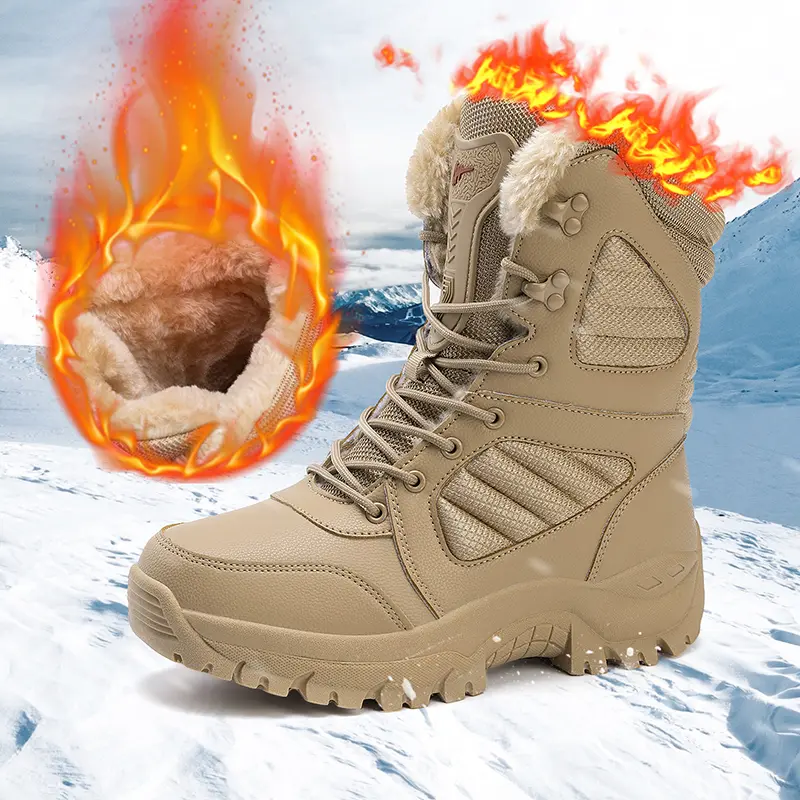 Solid Color High-Top Winter Boots for Men, Warm Plush-Lined, Non-Slip Durable Rubber sole, Comfortable PU Fabric Outdoor Snow Boots, Men's Tactical Boots