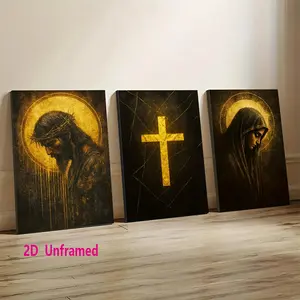 3-piece set, religious-themed canvas wall art set: Jesus and the Virgin Mary with a gold cross design, suitable for home, office, and church decor, indoor wall art, unframed