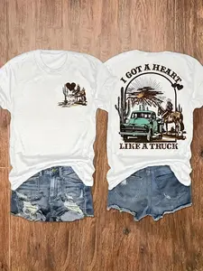 Women's I Got A Heart A Truck Graphic Tee Country Music Inspired T-Shirt Retro Western Cowgirl Style Casual Crew Neck Short Sleeve Soft Comfort Colors Fabric Apparel Trendy Country Concert Outfit Southern Aesthetic Clothing Summer