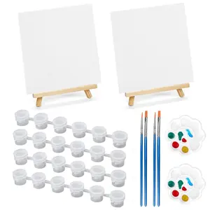 2PCS Canvas Boards for Painting, Art Canvas for Drawing with 4 Brushes & 2Paint Trays & 4 Acrylic Paint, Mini Painting Canvas with Easel Set, Painting Kits for Adults Party