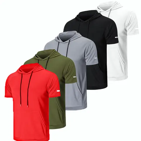 KZZ Male Lightweight Short-Sleeve Pullover Hoodie - Solid Colors, Casual Athleisure Design, Active Athletic Hoodies, Regular Fit, Pull On, Drawstring, Kangaroo Pocket, Cozy Hooded Neck