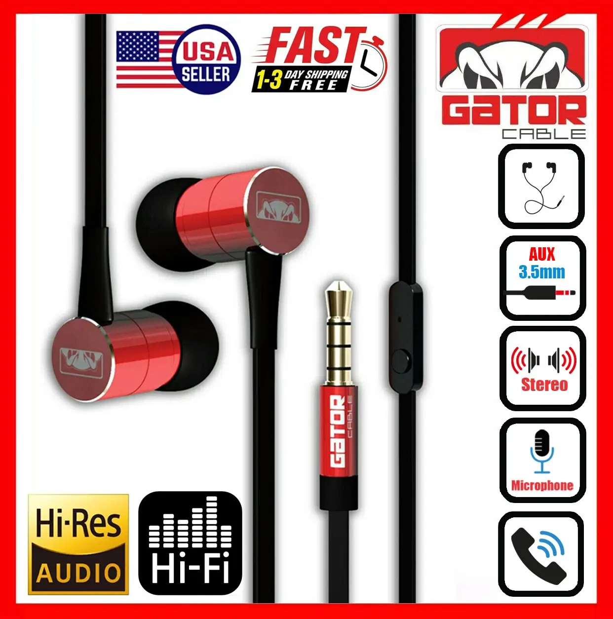 Earphones Headphones Headset Earbuds In-Ear Bass Stereo Hi-Fi with MIC Wired, red