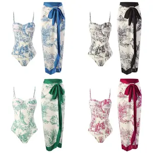 Women Vintage Print One Piece Swimsuit Set 2PCS Tummy Control Slimming Monokini with Sarong Cover Up Beach Vacation Swimwear for Women