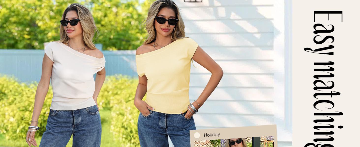 Womens Off The Shoulder Sweater Cinch Waist Going Out Tops Summer Knit Cap Sleeve Vacation Trendy Pullover