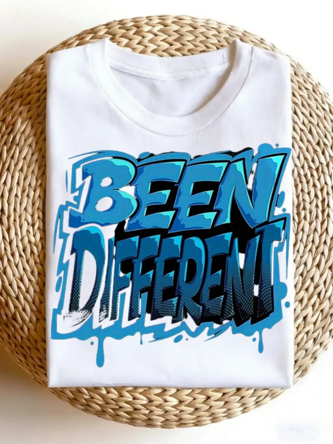 Women's Black Been Different Turquoise Blue Graffiti Drip T-Shirt Urban Street Style Casual Crew Neck Shirt with White And Blue Splatter Lettering Machine Washable Suitable for All Seasons Casual Top for Casual Attire Plus Size.Jpg