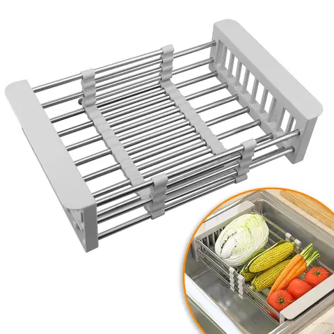 Extendable Compact Dish Drying Rack with Adjustable Armrest,Easy Clean Stainless Steel Kitchen Drying Rack,Over The Sink Dish Drying Rack,Adjustable Multi-function Water Filter Basket for Fruits,Dish Drying Rack