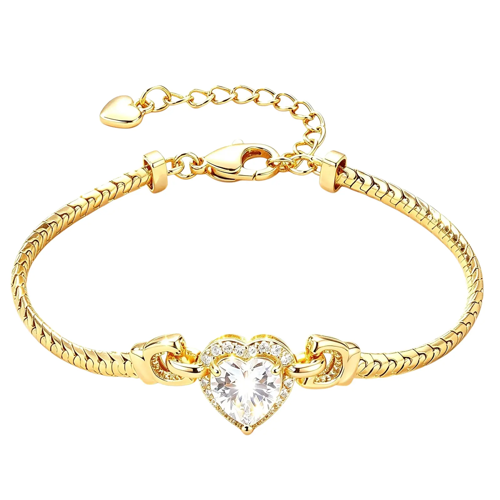 Trendytry 14K Gold Plated Bracelet for Women Fashionable Heart Zirconia Snake Chain Elegant High-Quality Accessory