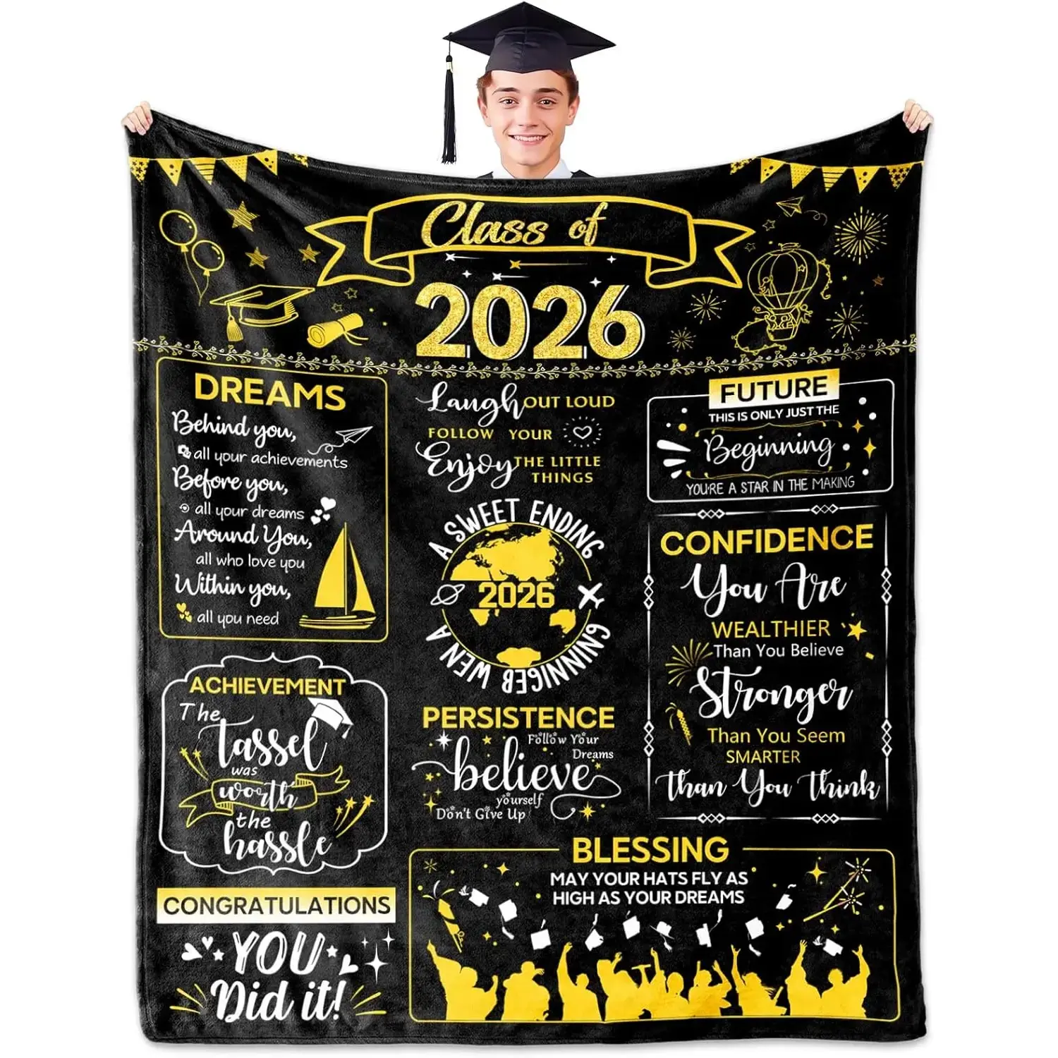 Soft Flannel Blanket - 50*60(inch) Multi-Size Shed-Static Resistant Polyester Bedding, Modern Cartoon Colorful Graduation Prints, Machine Washable Throw for Class of 2026 Graduates, Home Use