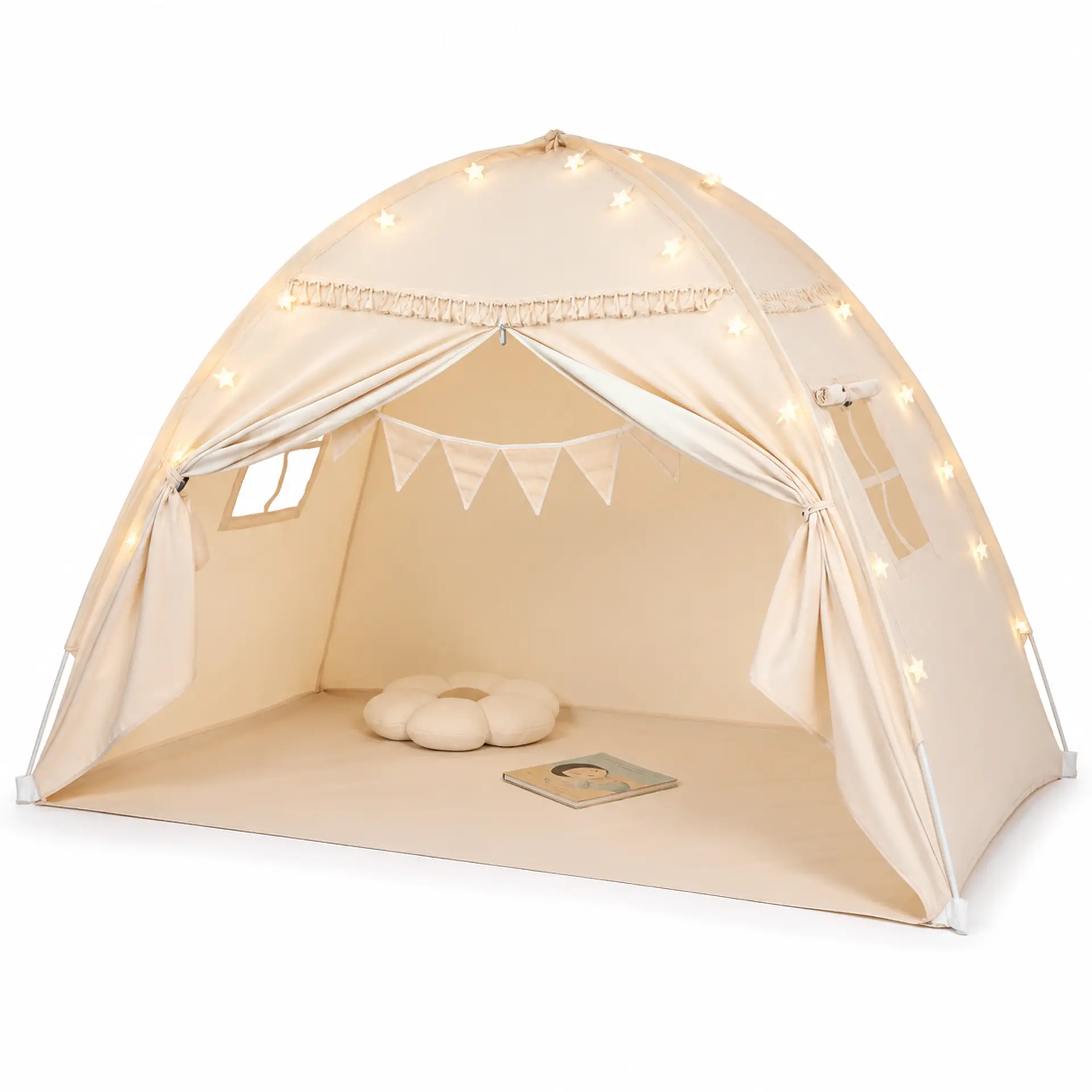 Jungledove Boho Play Tent, Sand Beige Fringe Indoor Playhouse for Floor, Portable Foldable Privacy Cave, Aesthetic Decor Tent for Reading Relaxing Hangout