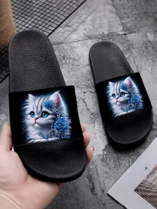 White Cat PVC Slippers for Women – Blue Rose Jewelry Dreamy Print, Non-Slip Comfortable Indoor Outdoor Slides, Luxury Kawaii Bathroom Sandals, Gift for Cat Lovers