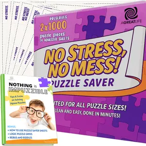 AGREATLIFE 14 Adhesive Puzzle Saver Sheets - Preserve 2 x 1000 Pieces Jigsaw Puzzles - No Stress No Mess - Puzzle Glue Sheets Peel and Stick (14 Sheets & 6 Adhesive Hangers)