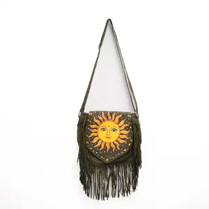 Boho Sun Print Cotton Fringe Crossbody Bag with Adjustable Strap, Hippie Messenger Shoulder Purse,  Whimsical Sun Print Cotton Festival Bag