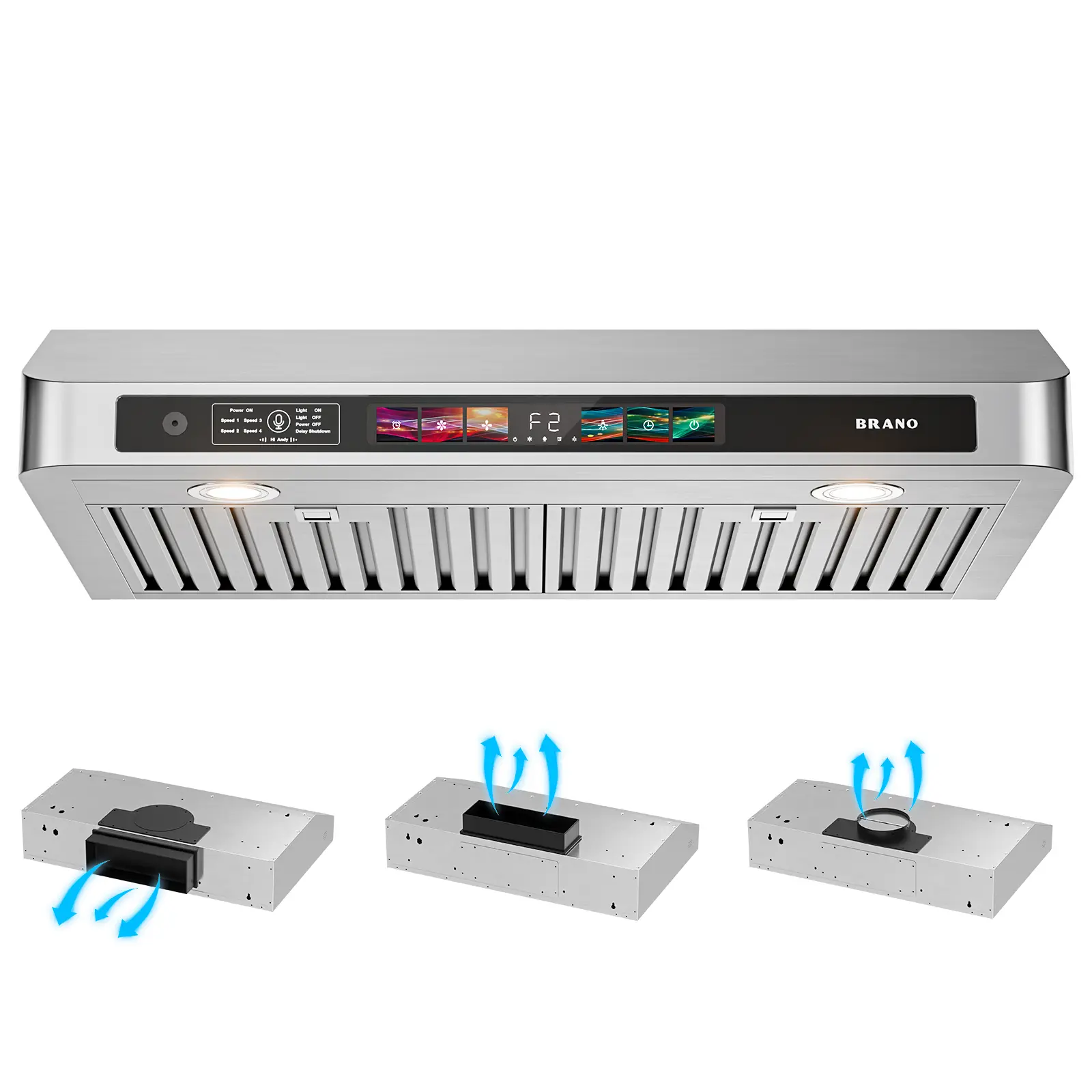BRANO 30/36 Inch Under Cabinet Range Hood, 900 CFM Stainless Steel Kitchen Stove Exhaust Fan, 3 Smart Controls (Voice, Gesture, Touch), 3-Way Convertible Vent, Quiet Dimmable LED Light, Dishwasher-Safe Washable Filters, 2-Year Service, Two-Year Service